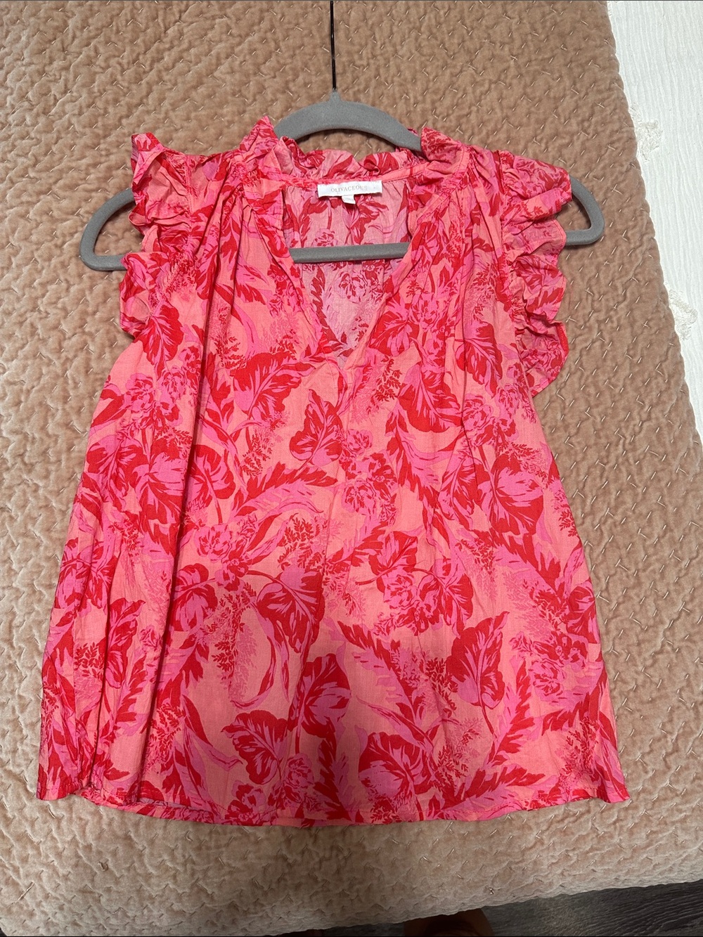 Women’s Olivaceous Red/Pink Floral Ruffled Sleeve Blouse